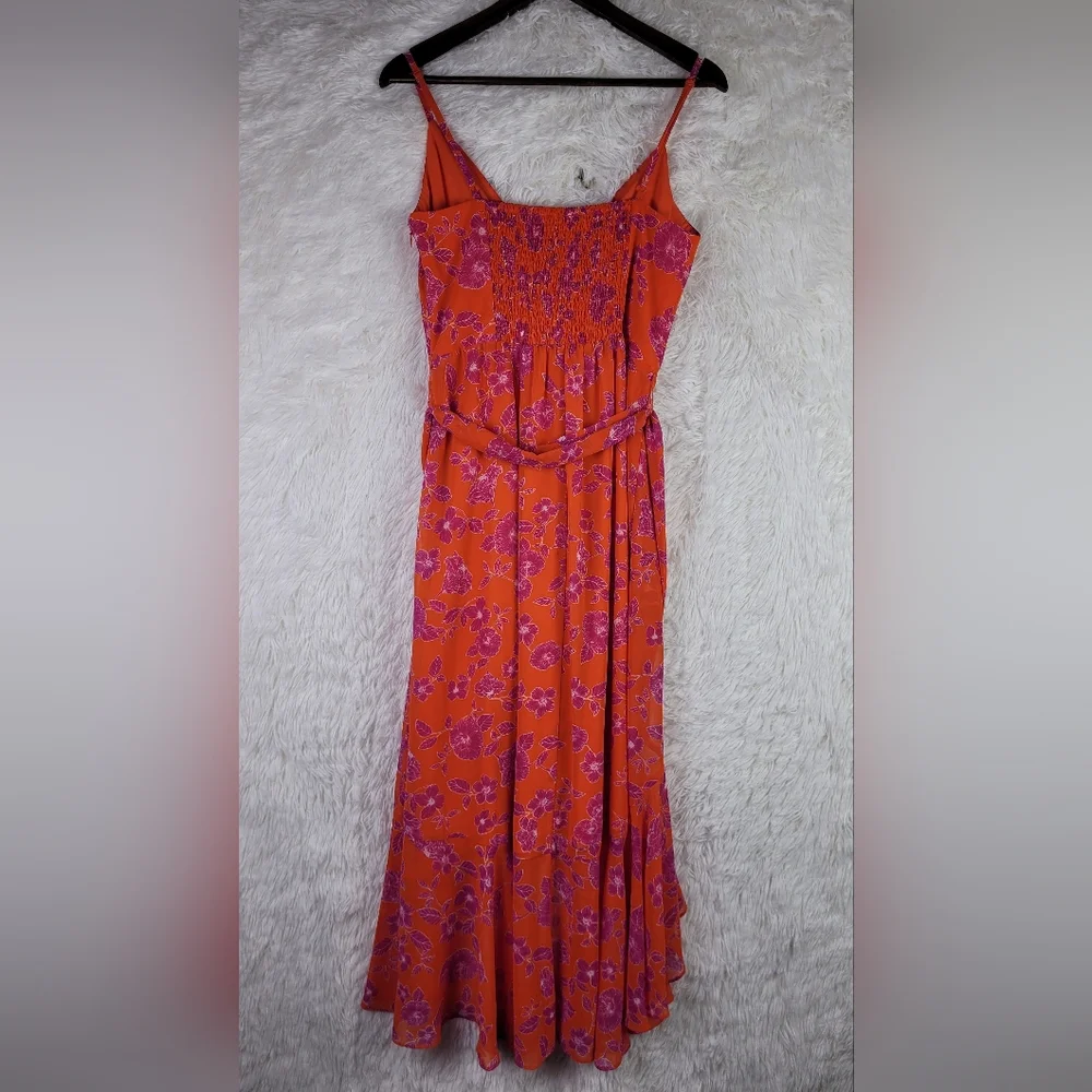 Eliza J Med Orange Floral Asymmetrical Midi Strappy Dress Smocked Tie Flowy - Picture 3 of 10